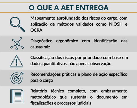 Quadro informativo detalhando o que a AET entrega: mapeamento completo de riscos, relatórios técnicos, plano de ação estruturado e emissão do documento em conformidade com a NR-17.