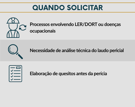 Lista explicativa apontando quando solicitar a Assistência Técnica em perícias: ao receber notificações de ações trabalhistas envolvendo pedidos de insalubridade, periculosidade ou doenças ergonômicas.