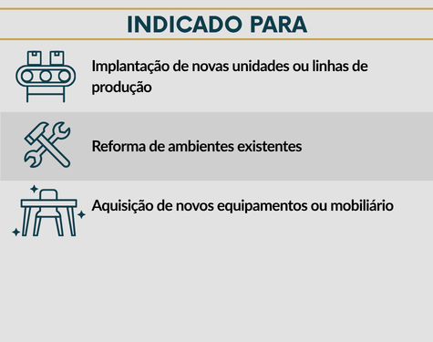 Lista explicativa mostrando para quem o Projeto Ergonômico é indicado: indústrias e escritórios em expansão, empresas planejando novas linhas de produção ou reformas estruturais focadas em eficiência.