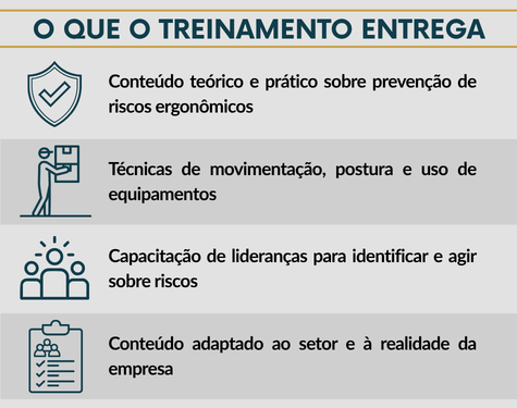 Quadro informativo listando o que o Treinamento de Ergonomia entrega: conteúdo programático completo alinhado à NR-17, capacitação teórica e prática, e emissão de certificados oficiais de treinamento.